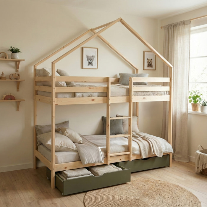 Lit enfant superposé cabane 90 x 190 cm pin naturel avec tiroirs de rangement ROYA