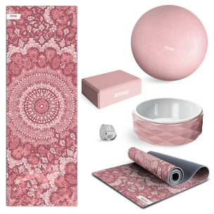 Pack accesorios yoga rosa FITFIU esterilla, bloque, bola, rueda correa