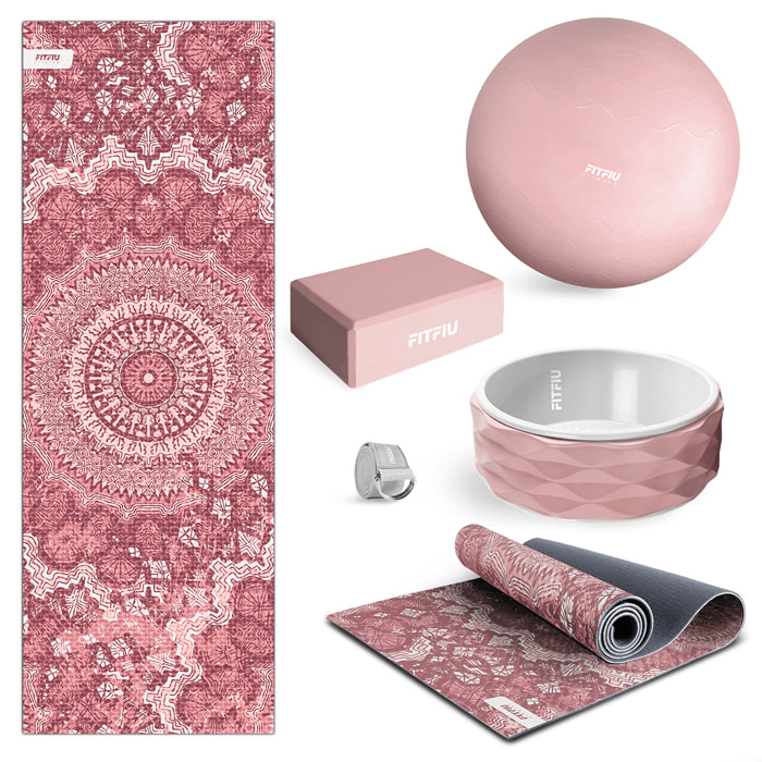 Pack accesorios yoga rosa FITFIU esterilla, bloque, bola, rueda correa