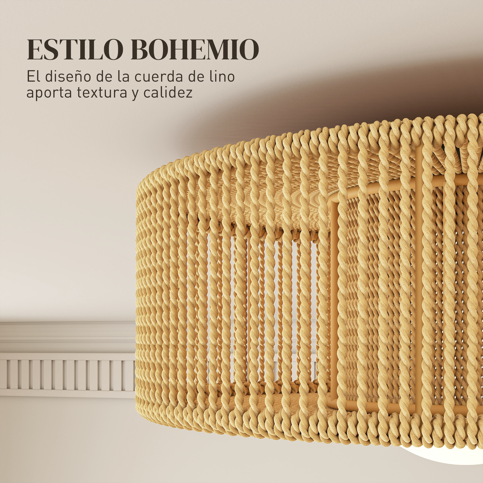 Lámpara de Techo con Bombilla LED G9, 20W, 3000 K, Plafón LED Techo Bohemio con Pantalla de Cuerda de Lino para Dormitorio, Salón, Cocina y Comedor, Marrón Claro