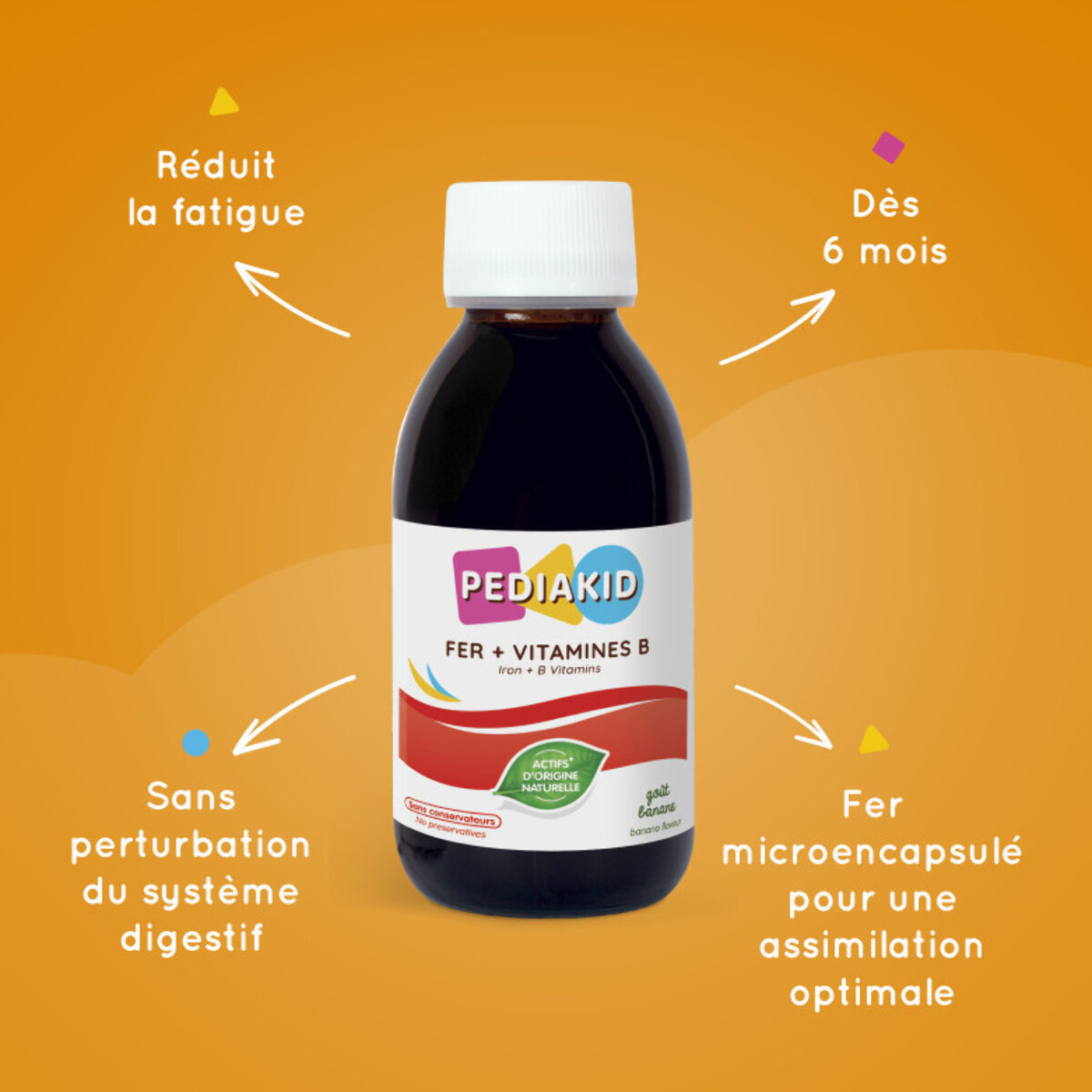 PEDIAKID - Sirop Fer + Vitamines B - Complément Alimentaire Naturel - Formule Exclusive au Sirop d'Agave - Optimise les Apports en Fer - Contribue à Réduire la Fatigue - Goût Banane - Flacon 125 ml
