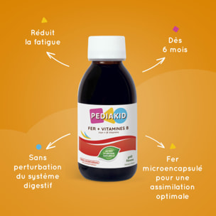 PEDIAKID - Sirop Fer + Vitamines B - Complément Alimentaire Naturel - Formule Exclusive au Sirop d'Agave - Optimise les Apports en Fer - Contribue à Réduire la Fatigue - Goût Banane - Flacon 125 ml