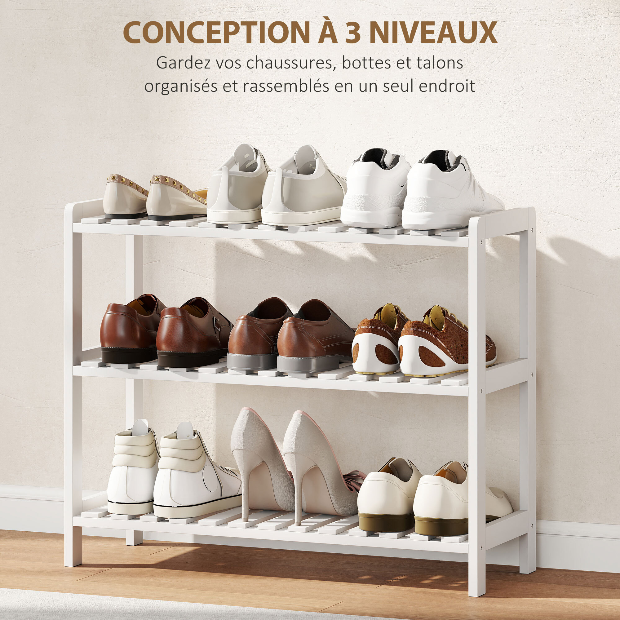 Meuble à chaussures range-chaussures 3 niveaux MDF bambou blanc