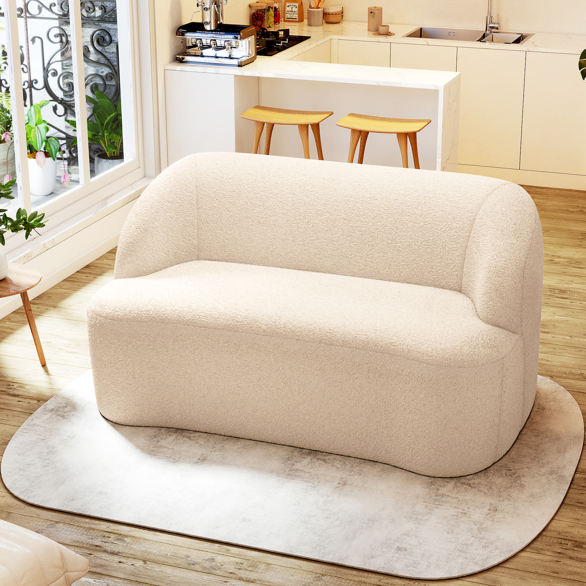 Canapé 2 places bouclette beige dim. 142 x 85 x 73,5 cm aucun montage