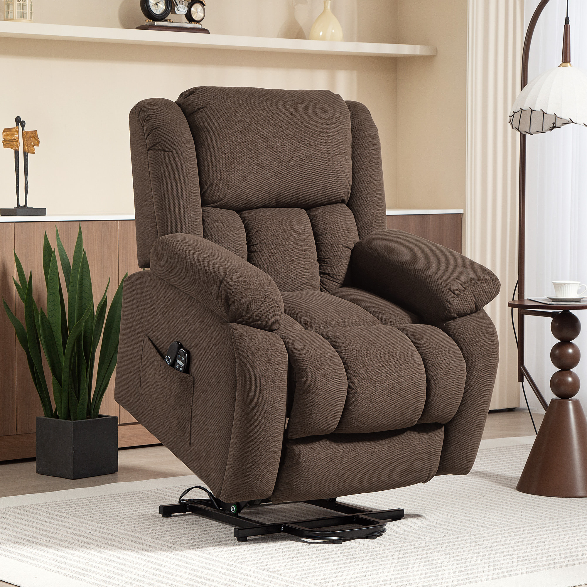 Fauteuil releveur massant chauffant grand confort - inclinable, repose-pieds rétractable - tissu toucher flanelle chocolat