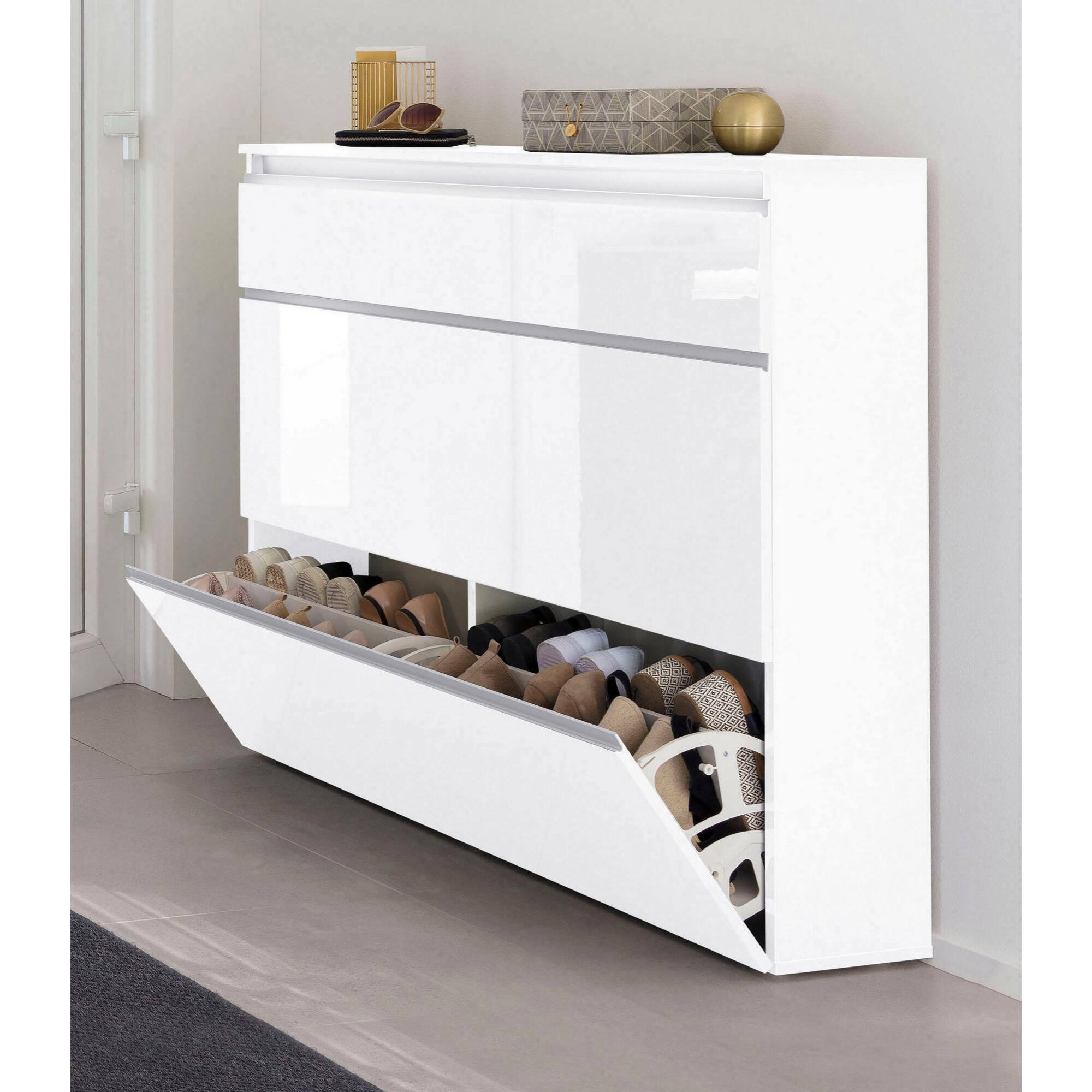 Scarpiera moderna, Made in Italy, a 2 ante e 1 anta a ribalta, Portascarpe da ingresso, cm 120x27h108, colore Bianco lucido