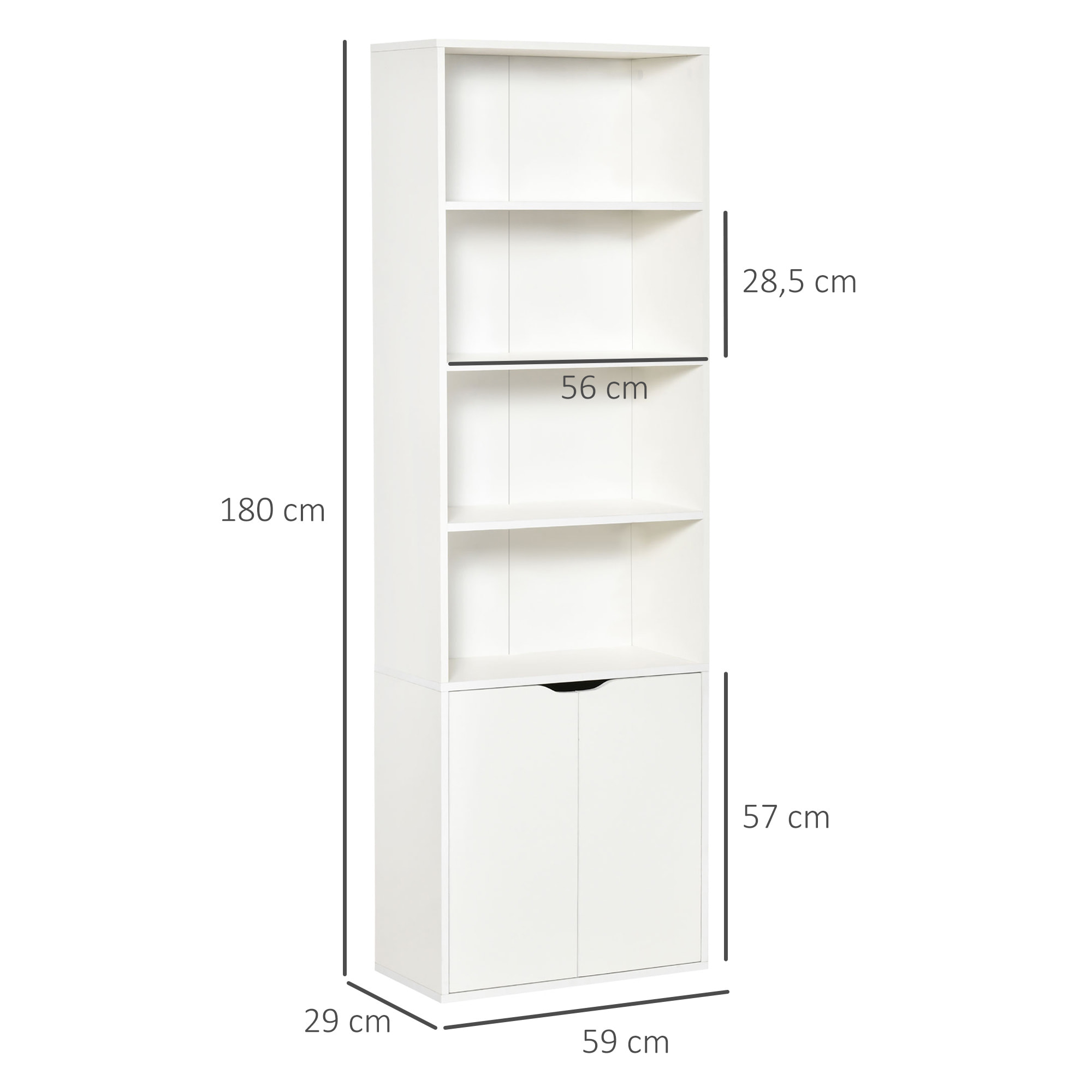 HOMCOM Estantería Librería con 4 Compartimentos Abiertos y 1 Armario con 2 Estantes Almacenaje Libros Plantas para Salón Estudio 59x29x180 cm Blanco