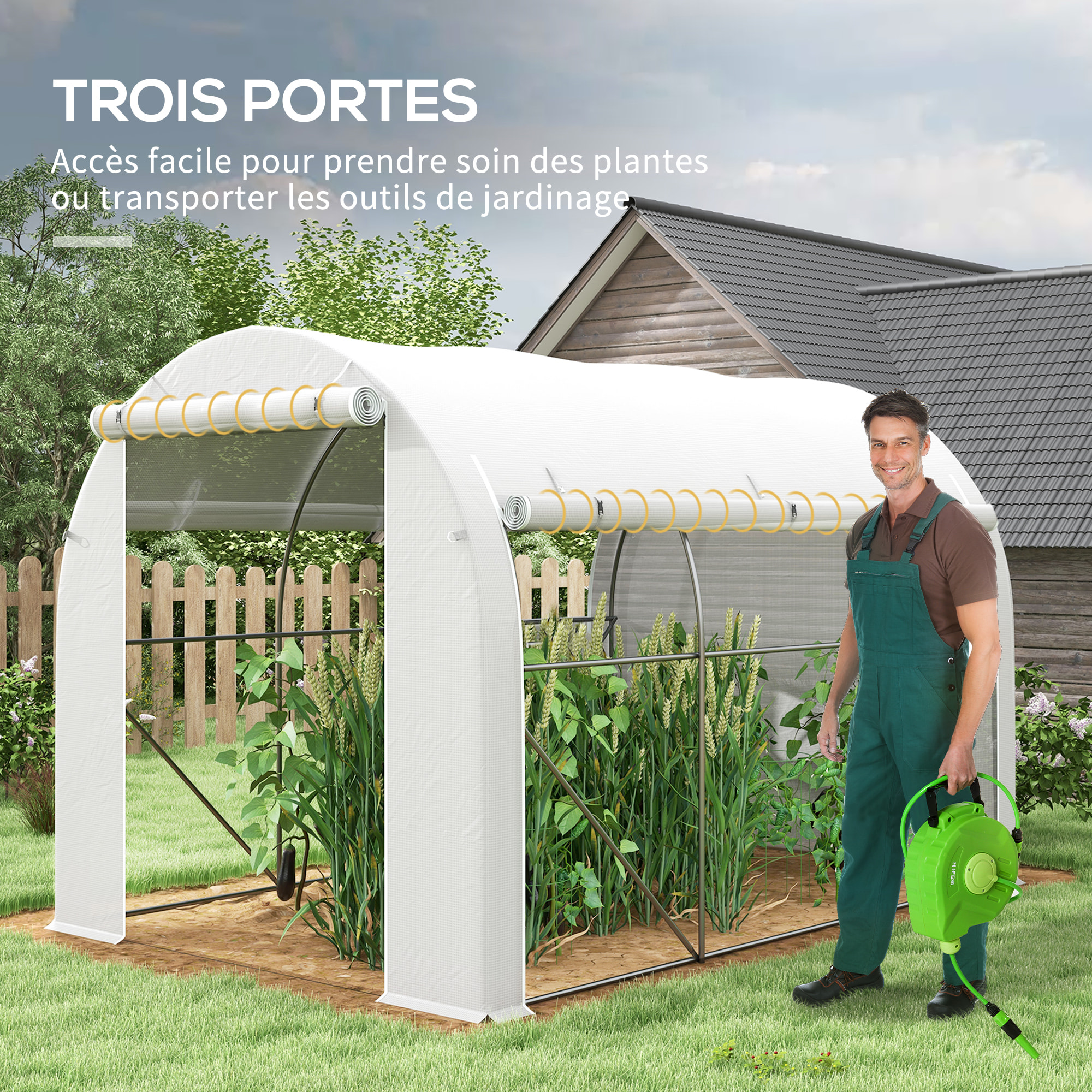 Serre de jardin tunnel 6 m² acier galvanisé renforcé dia. 1,9 cm bâche PE haute densité blanc