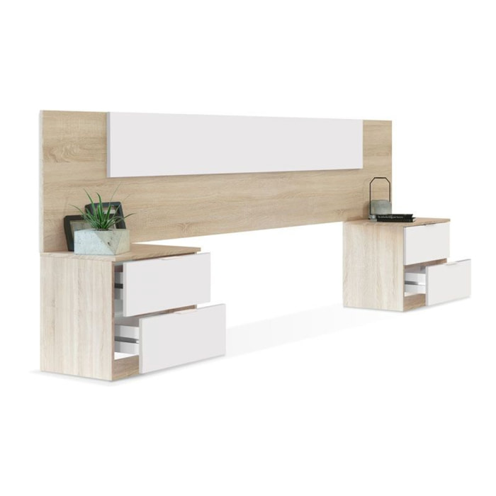 Cabecero para cama de 135-150 cm y 2 mesitas con cajones en blanco artik y roble canadian Luca Blanco Artik (Blanco Mate) - Roble Canadian