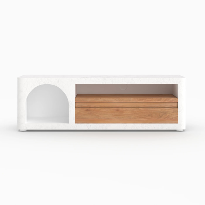 Meuble TV en plâtre blanc cassé 140 cm avec tiroir - Fira