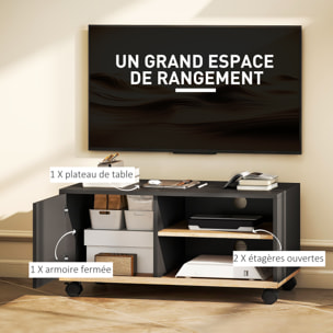 Meuble TV sur roulettes avec 2 freins - 2 niches + placard porte 2 passe-fil - panneaux particules noir chêne clair