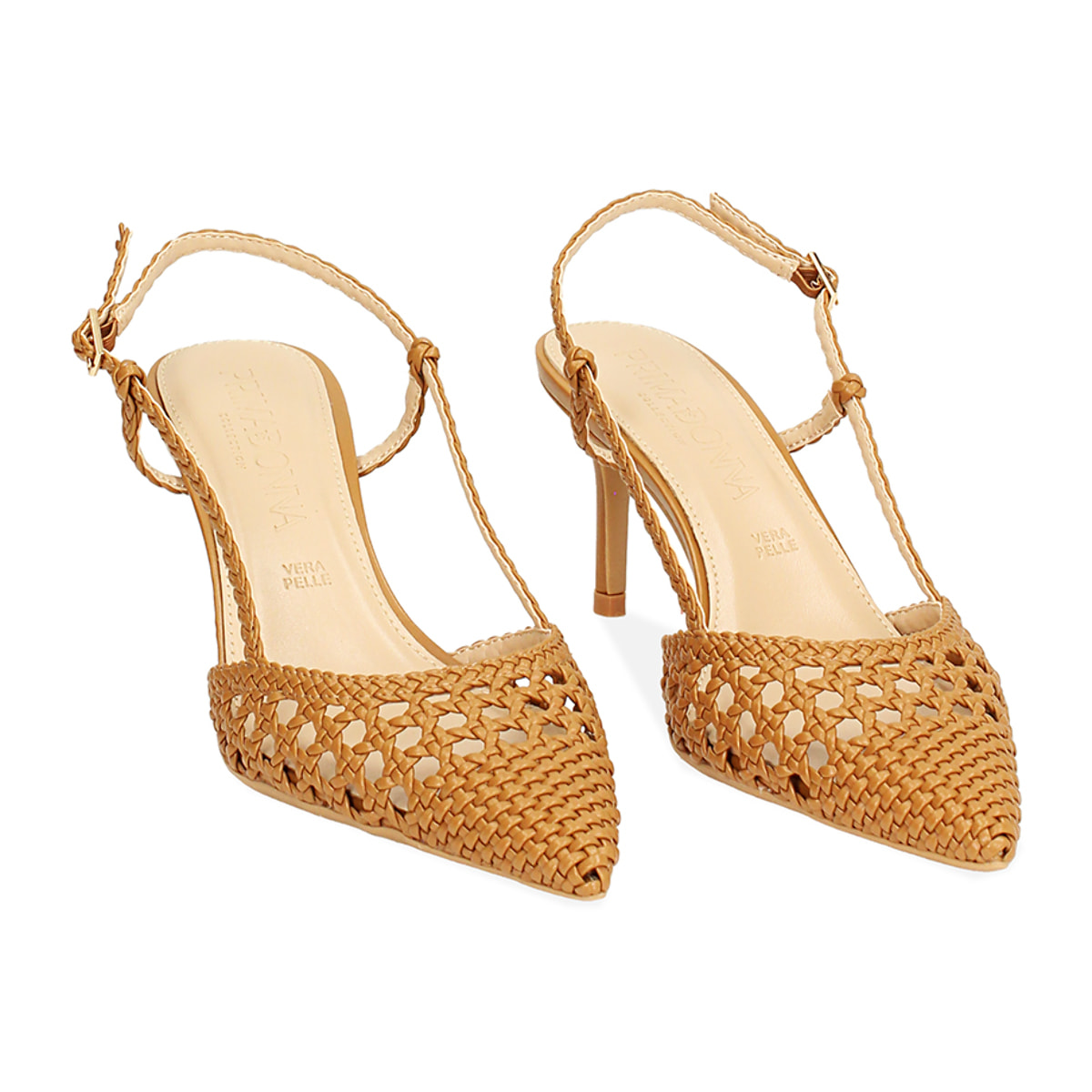 Décolleté slingback donna cognac con intreccio, tacco 7 cm