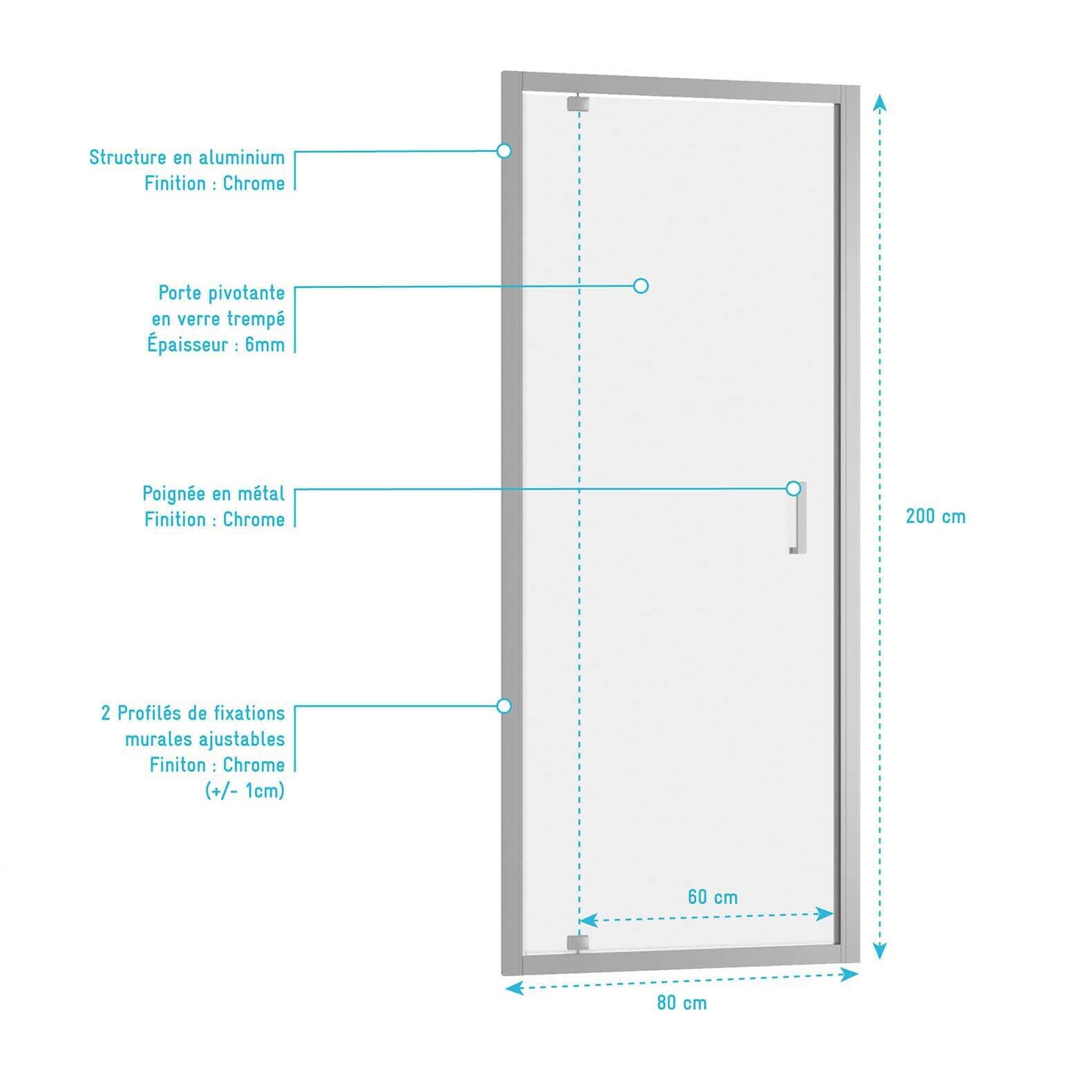 Porte de douche pivotante - 80x200 cm - Profilés Chrome - verre trempé 6 mm - CHROMED CRUSH