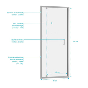 Porte de douche pivotante - 80x200 cm - Profilés Chrome - verre trempé 6 mm - CHROMED CRUSH