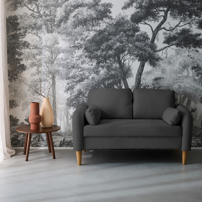 Canapé 2 places scandinave arrondi tissu gris foncé pieds bois d'hévéa