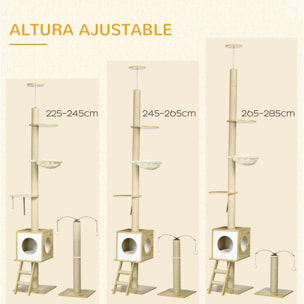 Árbol para Gatos del Suelo al Techo 225-285 cm Altura Ajustable Árbol para Gatos Grande con Plataformas Hamaca Caseta Poste de Yute Rampa y Bolas 40x40x225-285 cm Beige