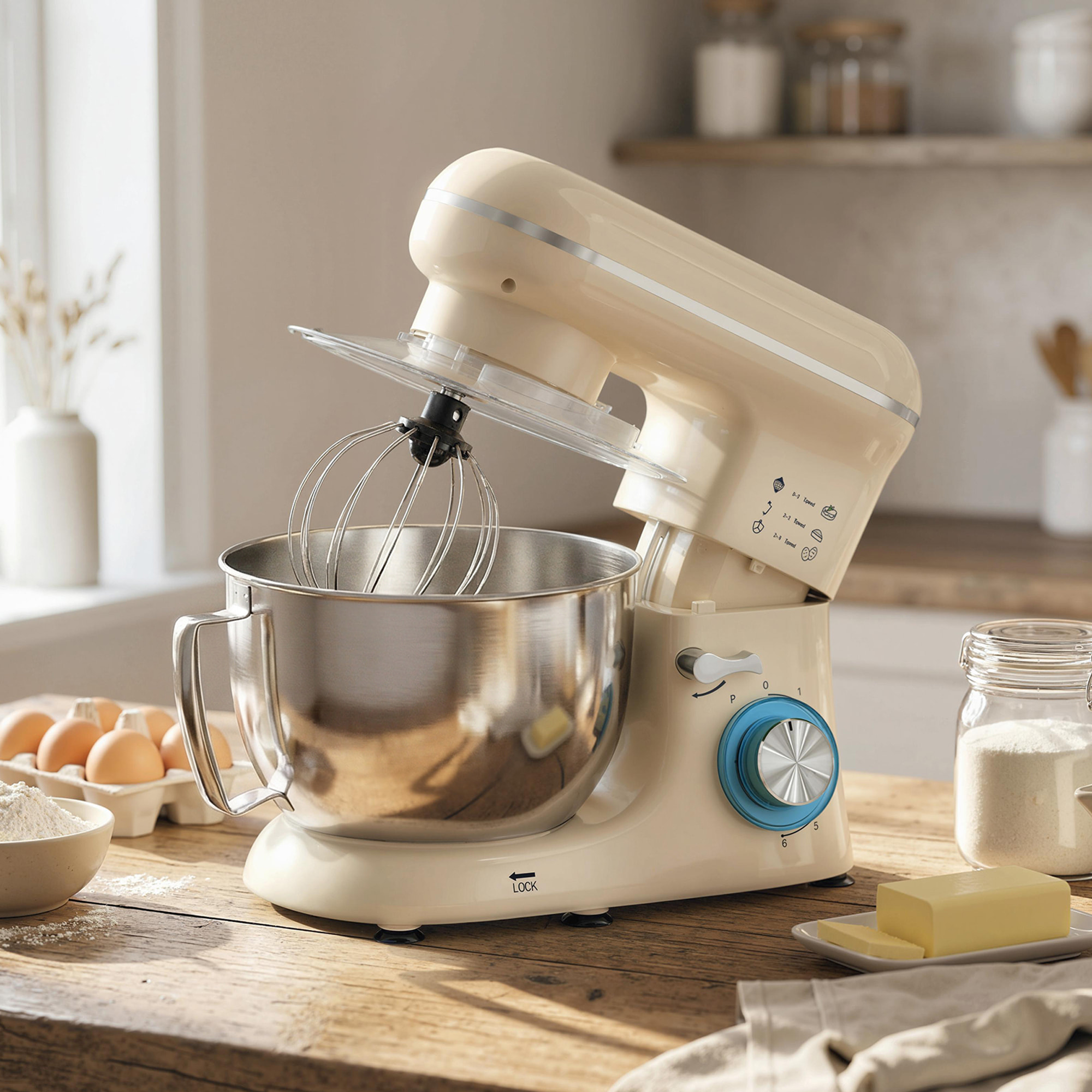 Batidora Amasadora 4,5L, Amasadora de Pan 1300W, Amasadora Repostería, 6 Velocidades, Bol de Acero Inoxidable, Batidor, Gancho, Varilla, Protector contra Salpicaduras, Beige