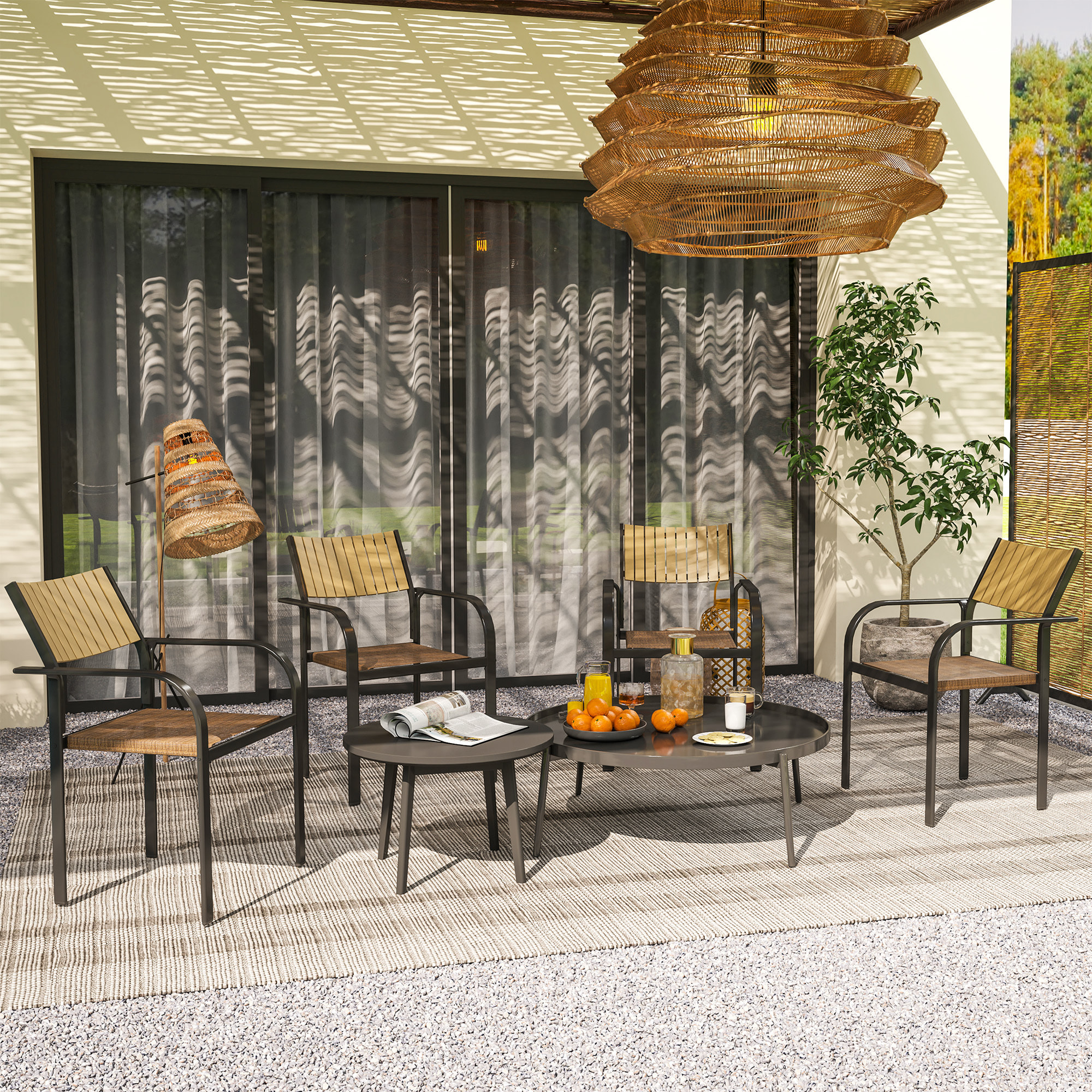 Juego de 4 Sillas de Jardín Exterior Sillas Terraza Exterior Apilables Sillón de Comedor con Tela Transpirable Marco de Acero Reposabrazos y Respaldo 58x65x85 cm Marrón