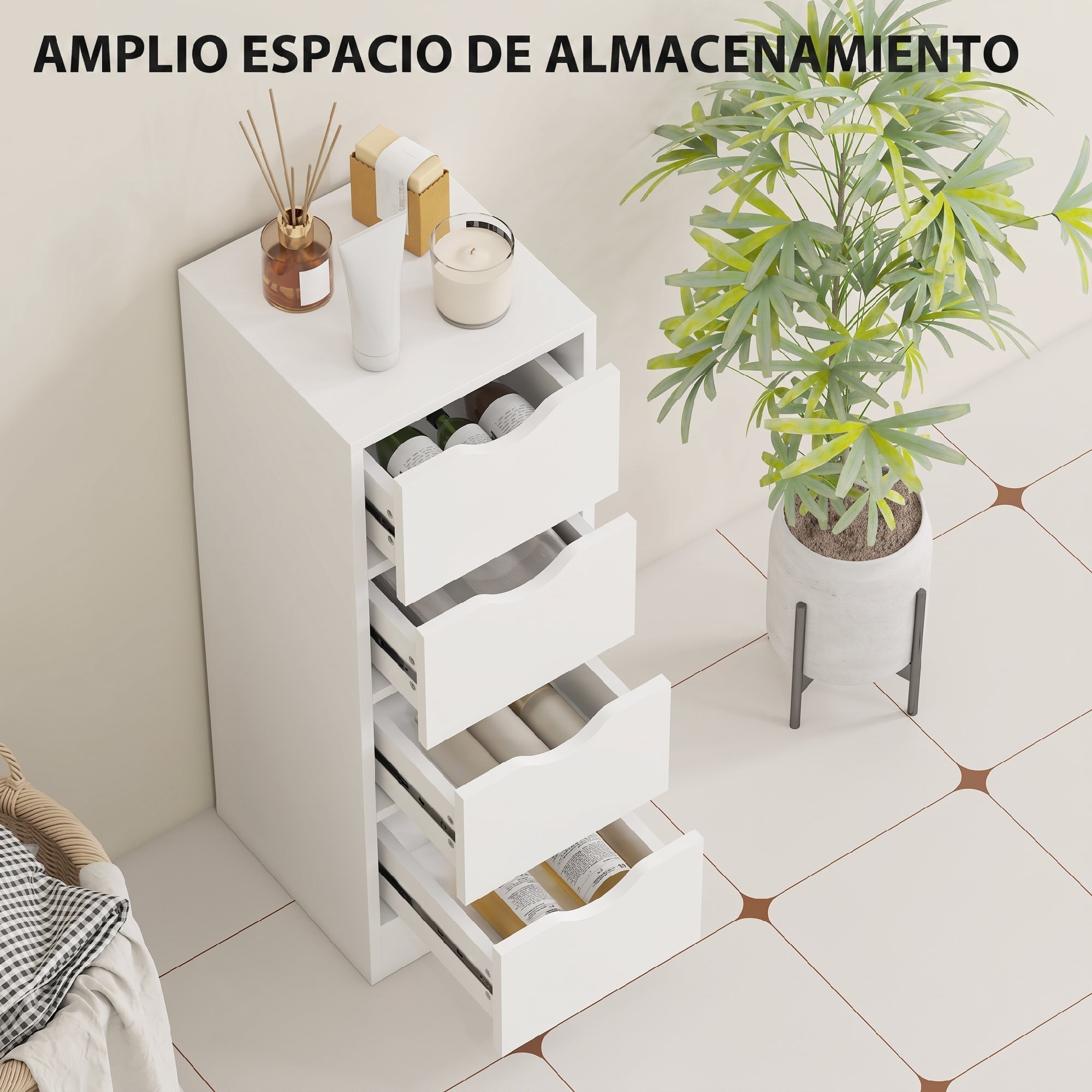 Armario de Baño Estrecho, Mueble Auxiliar de Baño con 4 Cajones y Asas Ranuradas, para Espacios Reducidos, 29x29x83 cm, Blanco