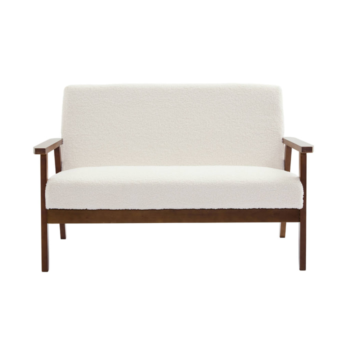 Banquette canapé 2 places en bois teinté noyer clair et tissu bouclette. Isak. L 114 x P 69.5 x H 73cm