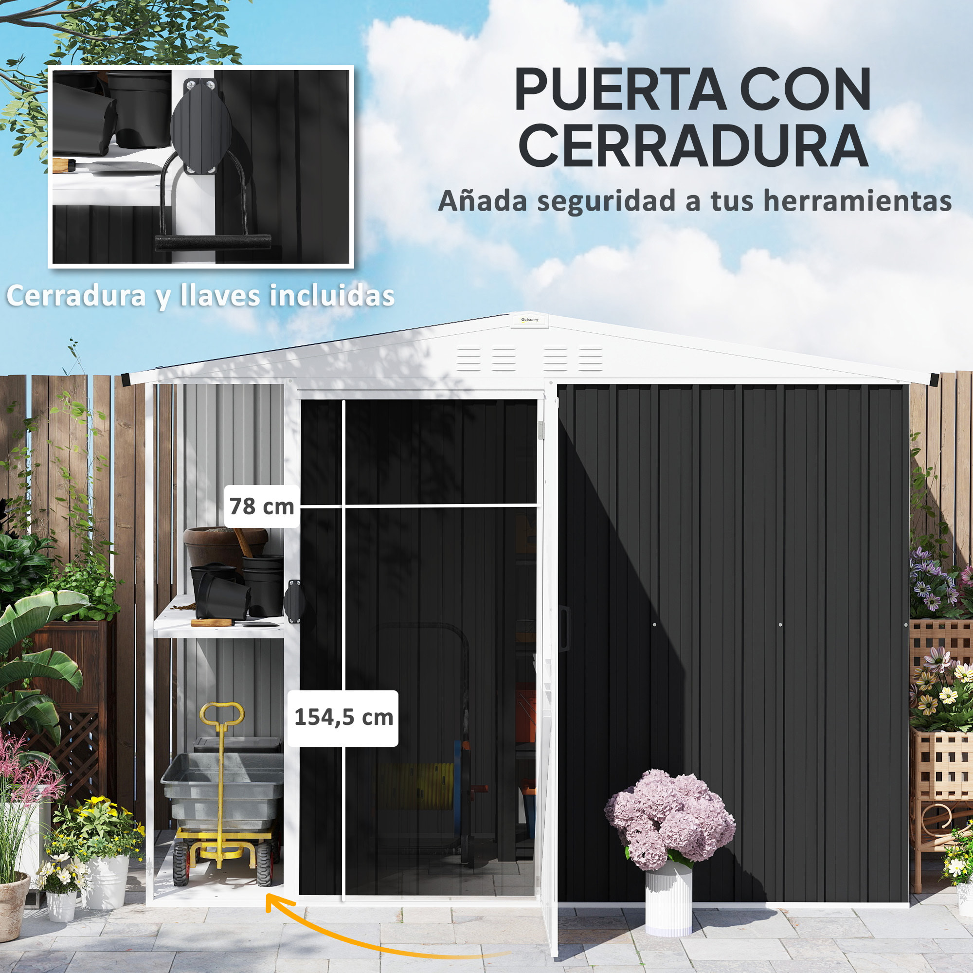 Caseta de Jardín Exterior 2,7m² 245x117x180 cm Cobertizo de Jardín Exterior con Estante de 2 Niveles 4 Ventilaciones y Puerta con Cerradura Cobertizo para Terraza Patio Gris Carbón