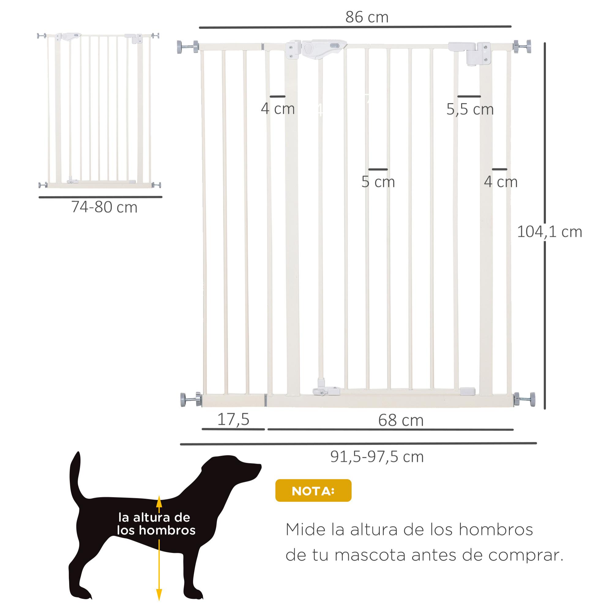 Barrera de Seguridad para Puertas y Escaleras Barrera para Perros Mascotas con Cierre Automático Extensión 17,5 cm Montaje sin Agujeros Metal 74-80/91,5-97,5x104,1 cm Blanco