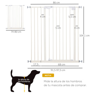 Barrera de Seguridad para Puertas y Escaleras Barrera para Perros Mascotas con Cierre Automático Extensión 17,5 cm Montaje sin Agujeros Metal 74-80/91,5-97,5x104,1 cm Blanco