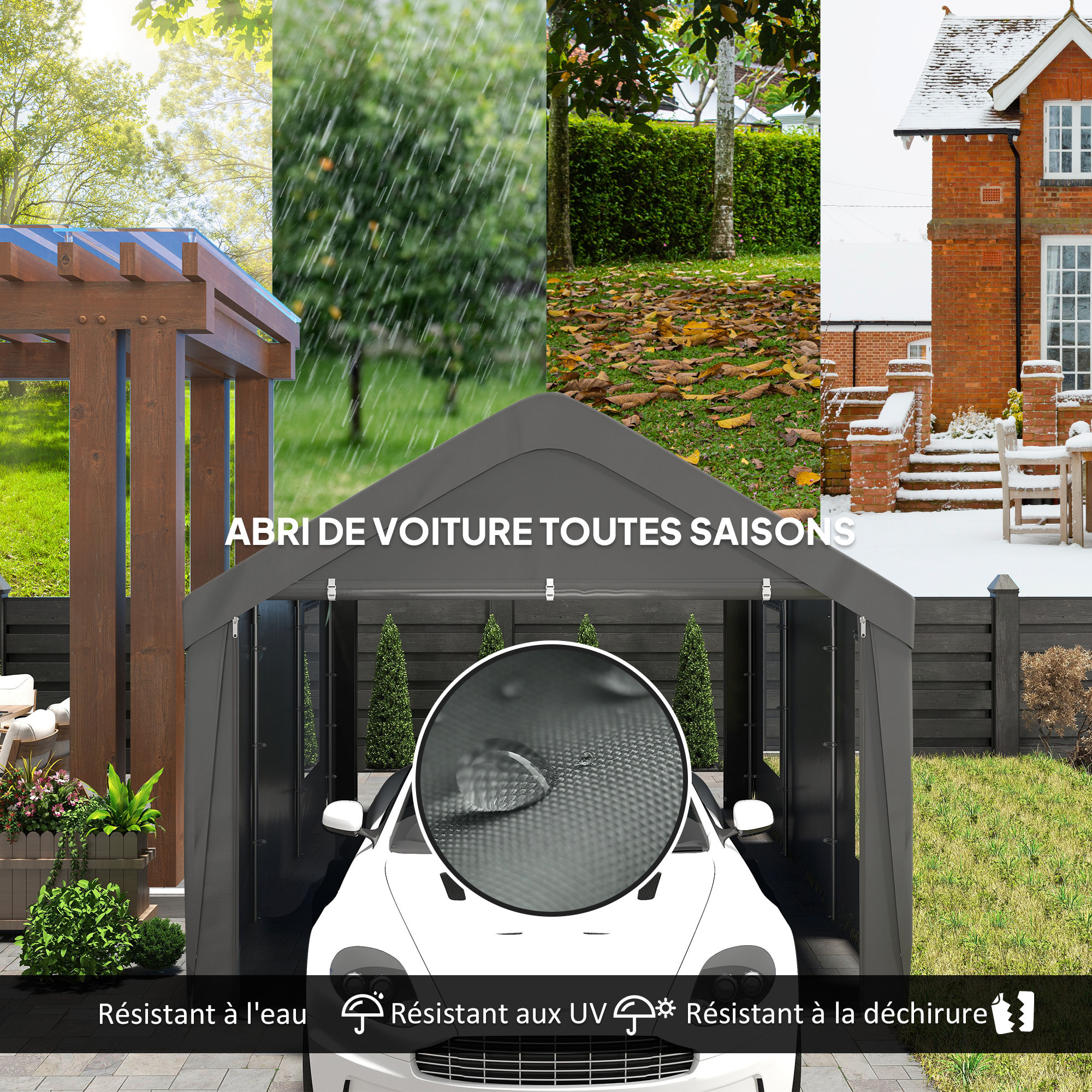 Tente garage carport grande taille 2 portes 4 fenêtres acier galvanisé robuste PE haute densité gris