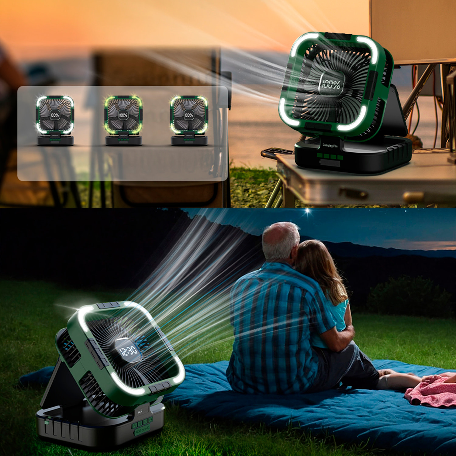 Ventilatore a 6 velocità con pannello solare da 3W, oscillazione, display LCD, 24 luci LED bicolore con 80lm, timer e power bank da 10000mAh.