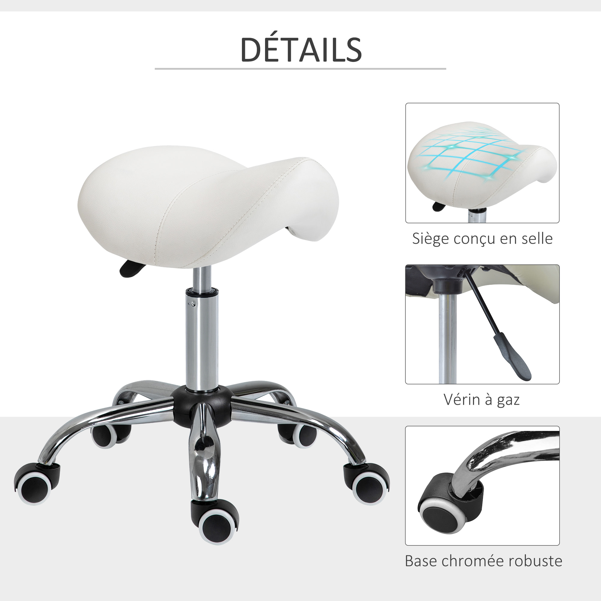 HOMCOM Tabouret de massage tabouret selle ergonomique pivotant 360° hauteur réglable revêtement synthétique blanc chromé