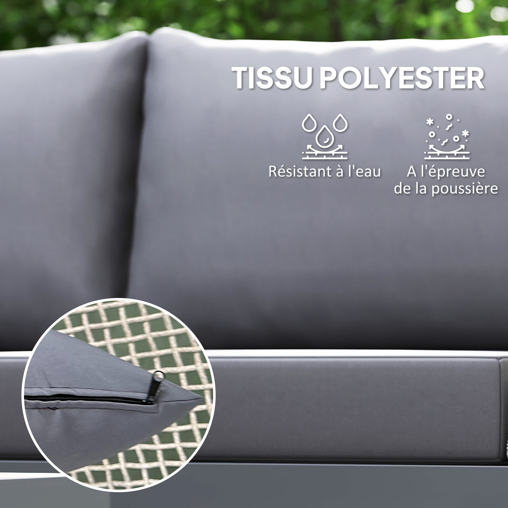 Salon de jardin design modulable 4 places 3 pièces acier coussins gris étagère plateau bois acacia