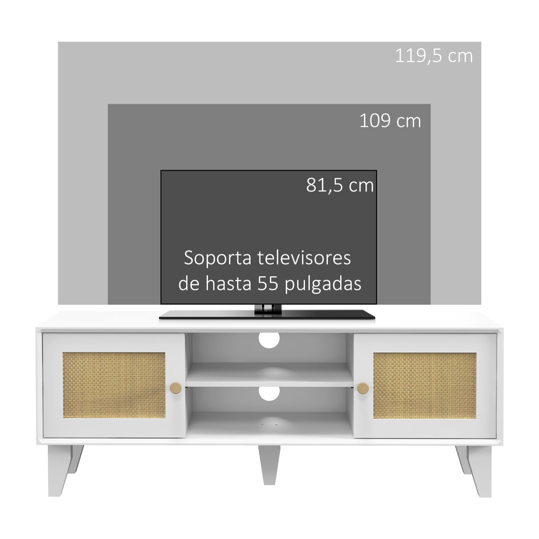 Conjunto para el Hogar Incluye 1 Mueble de TV 1 Mesa Consola 1 Banco Zapatero con Asiento y 1 Mesita Auxiliar con Elemento de Ratán Estilo Bohemio Blanco