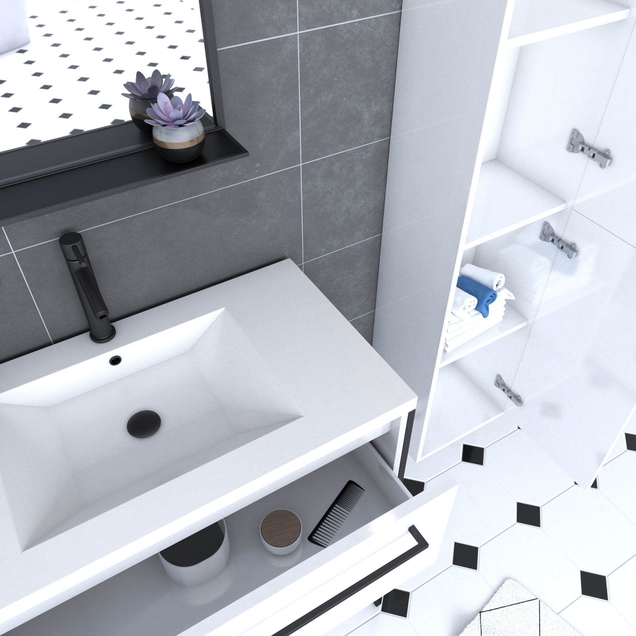 Pack meuble de salle de bain 80x50cm Blanc - 2 tiroirs blanc - vasque blanche + miroir noir mat