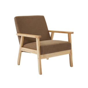 Fauteuil vintage / scandinave structure en bois et contreplaqué et assise en velours côtelé taupe