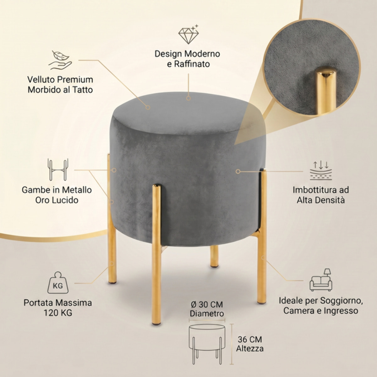 Pouf Tondo in Velluto con Gambe in Acciaio Dorate, Seduta Imbottita Elegante dallo Stile Contemporaneo per Soggiorno, Camera da Letto e Ingresso