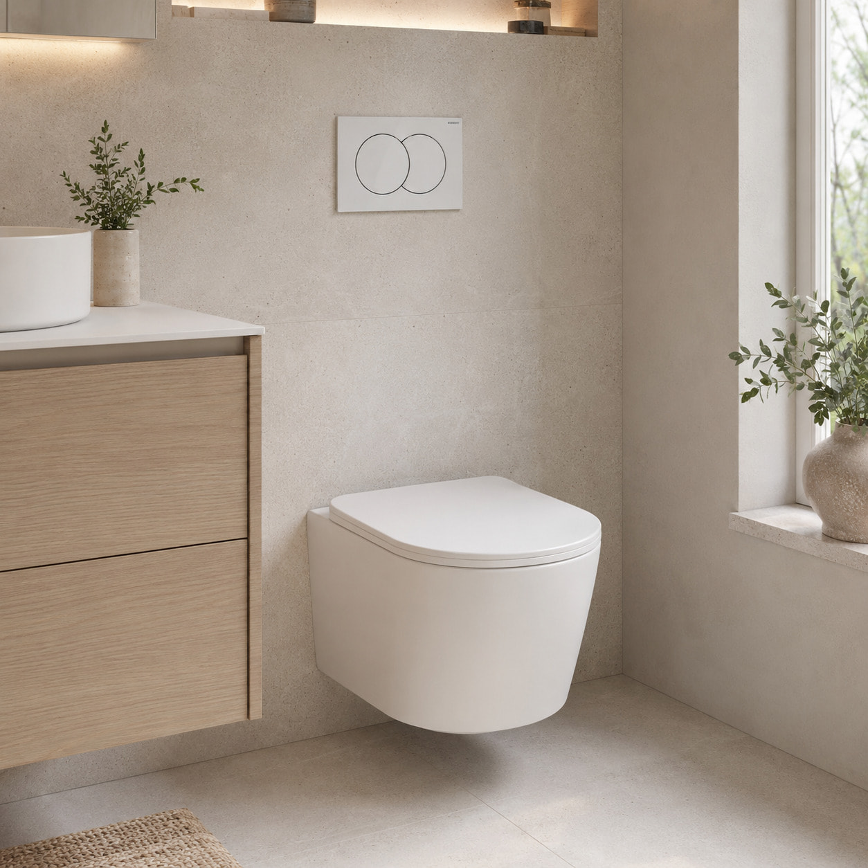Duofix Pack WC bâti-support + WC suspendu sans bride avec abattant SoftClose Ceramia + plaque blanche (GEBCE14WT05-FR)