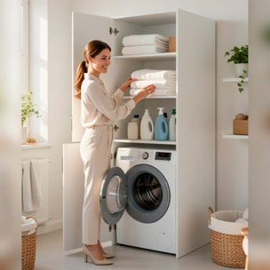 Mobile Lavatrice Asciugatrice Con 2 Ante E Ripiani Mobiletto Lavanderia Bagno Armadietto Verticale Salvaspazio Vano Incasso  70 × 70 × 180 Cm Bianco