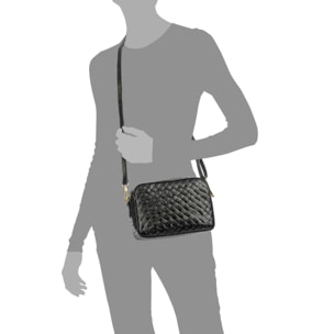 Degna bolso bandolera mujer. Piel auténtica Gamuza con grabado entrelazado y lacada brillante.