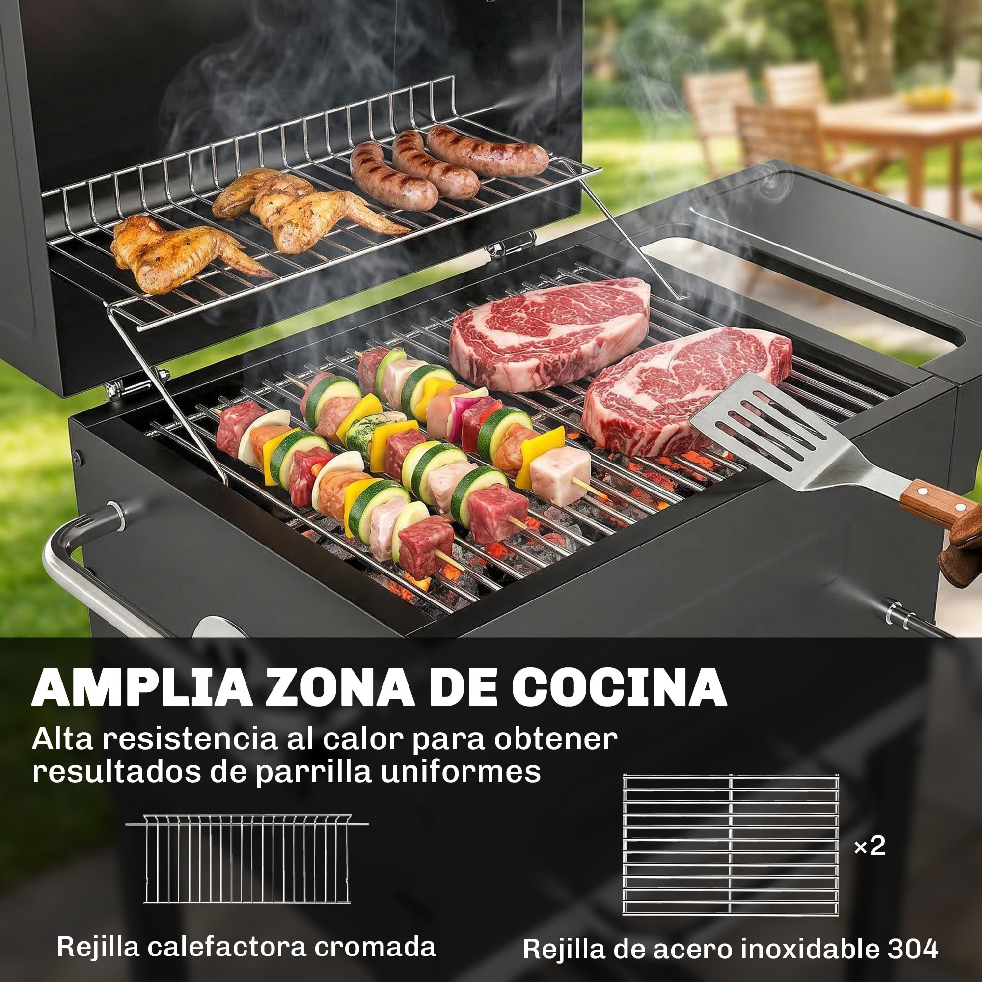 Barbacoa de Carbón Portátil, Barbacoa de Carbón con Termómetro, Ventilación Ajustable, Parrilla de Acero Inoxidable, Estante Lateral, Tapa, Bandeja Cenizas, Ruedas, Estante Inferior, Negro