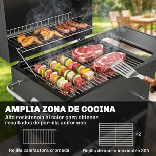 Barbacoa de Carbón Portátil, Barbacoa de Carbón con Termómetro, Ventilación Ajustable, Parrilla de Acero Inoxidable, Estante Lateral, Tapa, Bandeja Cenizas, Ruedas, Estante Inferior, Negro