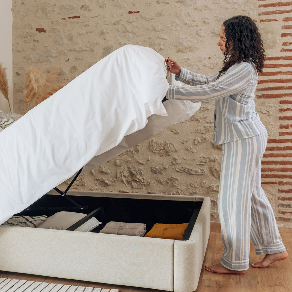 Lit Coffre tissu beige - Hypnia