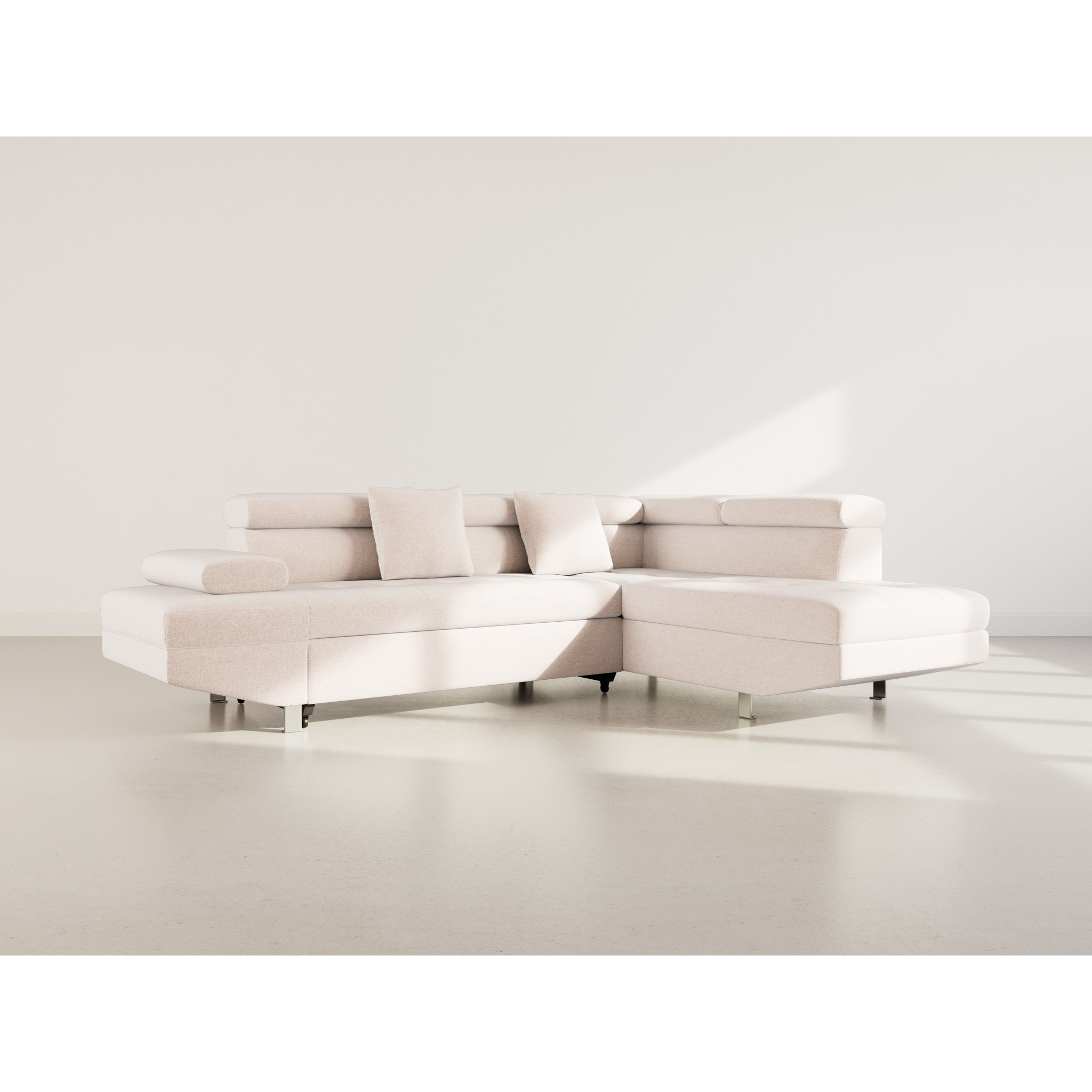 Margaux - Canapé d'angle droit 5 places convertible avec coffre et têtières réglables en velours texturé - Beige