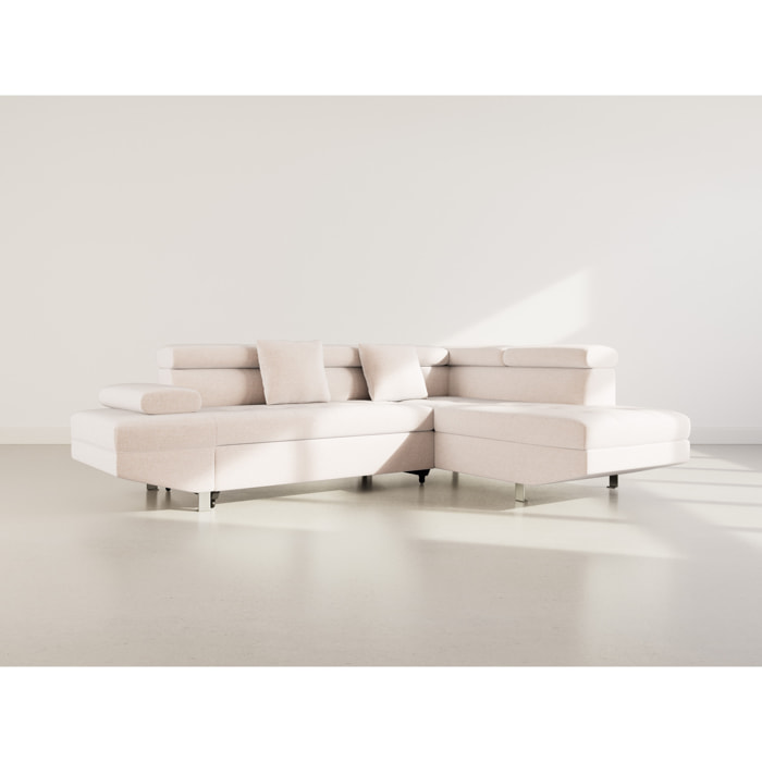 Margaux - Canapé d'angle droit 5 places convertible avec coffre et têtières réglables en velours texturé - Beige
