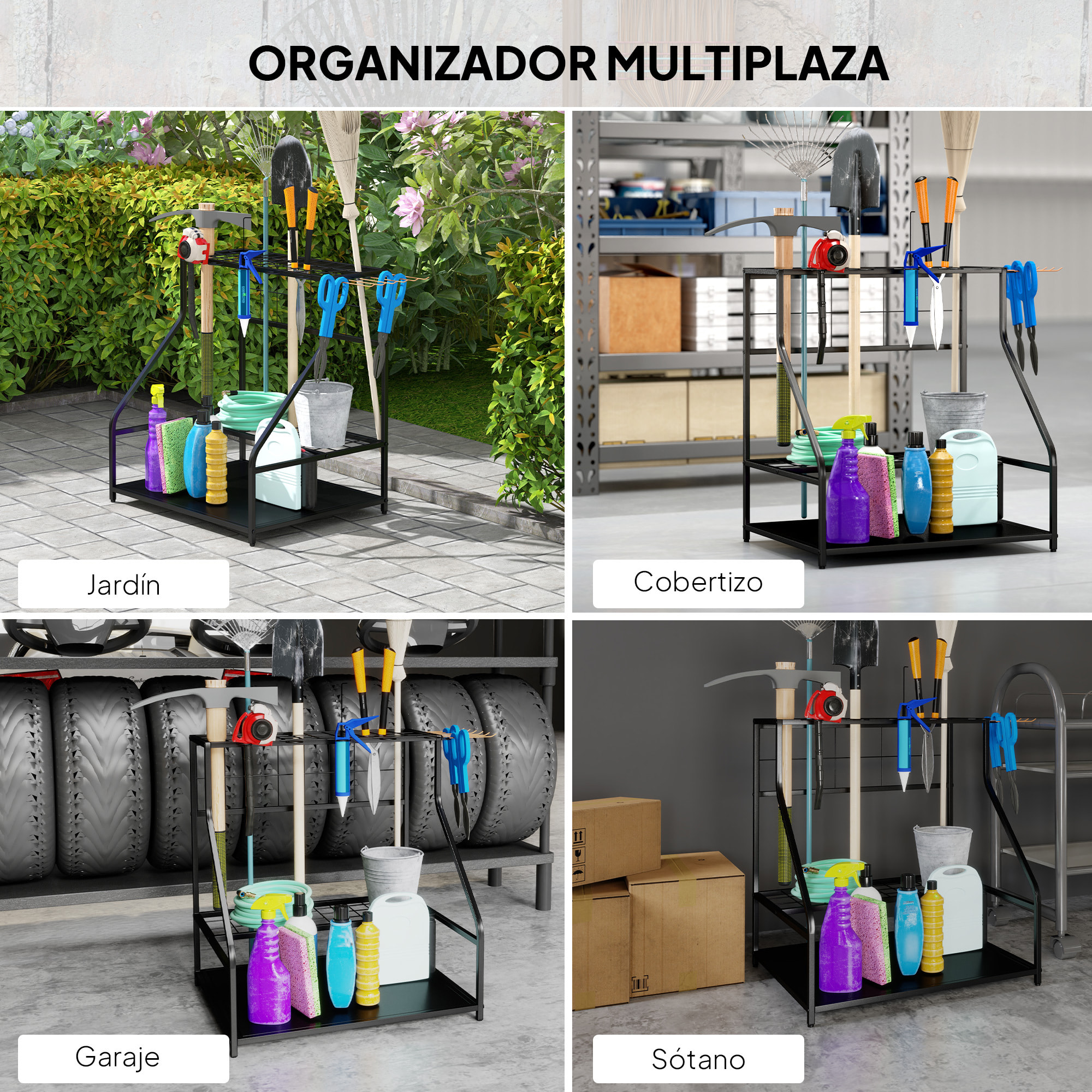 Organizador de Herramientas de Jardín, Estantería de Almacenamiento de 3 Niveles para Garaje con Ganchos, para Palas, Rastrillos, Escobas, Soporte de Metal