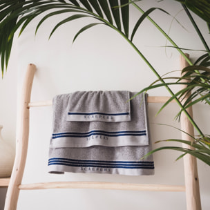 Set 6 toallas baño (2x tocador 30x50cm + 2x manos 50x90cm + 2x baño 70x140cm) 450gsm en algodón gris con azul scalpers home