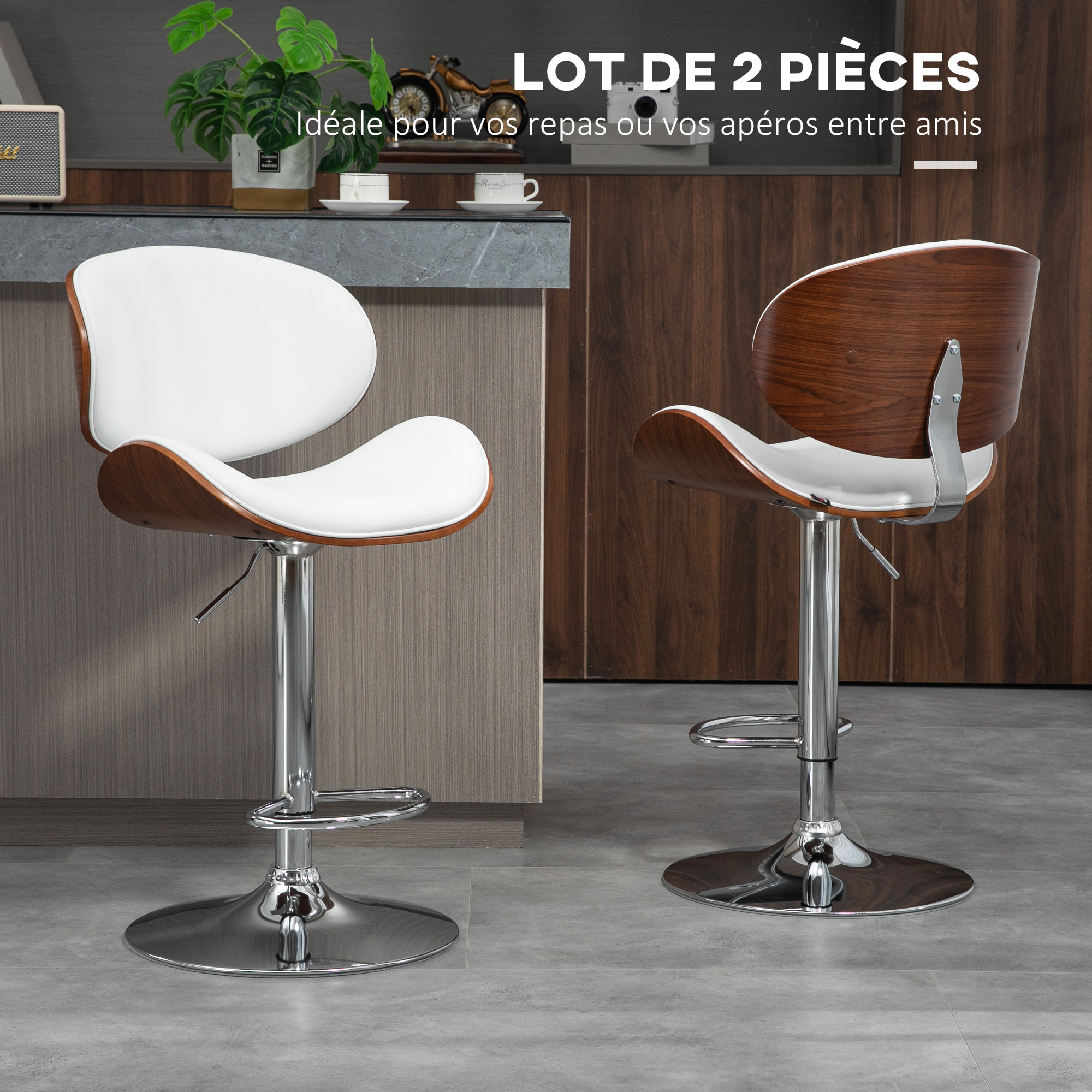 Lot de 2 tabourets de bar – Réglables et pivotants – Dossier et repose-pieds