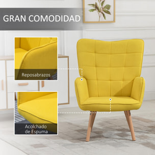 Butaca de Salón Moderna Sillón con Respaldo Alto Reposabrazos Tela de Lino y Patas de Madera de Haya para Comedor Cocina 71x76x101 cm Amarillo