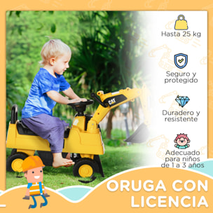 Excavadora con Licencia Caterpillar Excavadora Correpasillos para Niños de 1-3 Años con Asiento de Almacenamiento Pala Delantera y Bocina Carga 25 kg 85x27,5x47,5 cm Amarillo