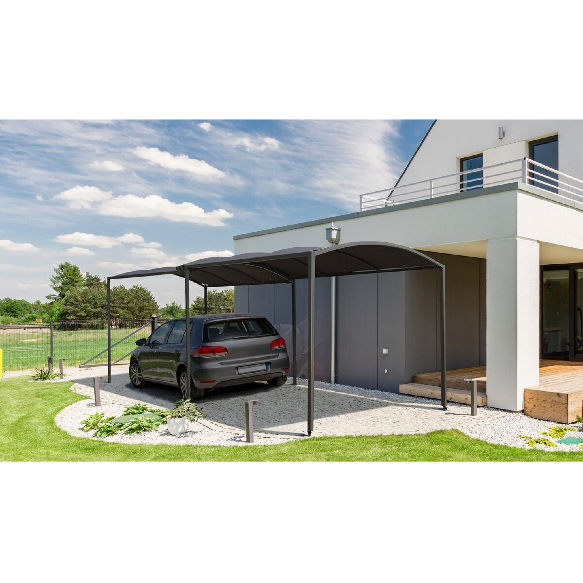 Carport en métal extensible " Mathis" - 303/566 x 295 x 240 cm - Gris