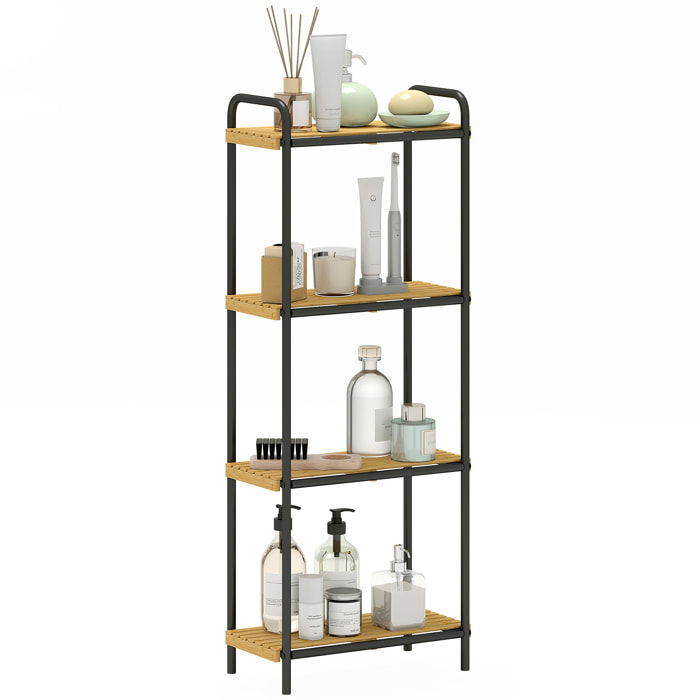 Étagère salle de bain bambou, 4 niveaux, étagère de rangement étroite autoportante cadre en acier pour salon, salle à manger, balcon, cuisine, 41,5 x 21,5 x 106 cm, noir et effet bois naturel
